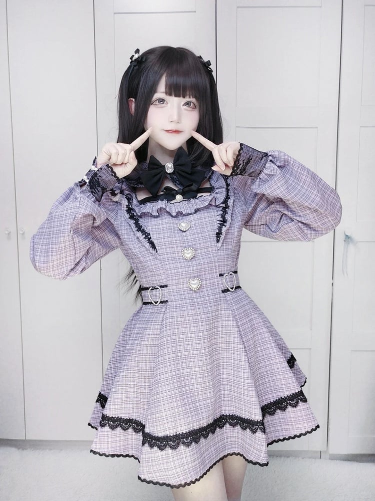 Style Lavender Set Dress Collar - Landmine Plaid Matching Puff Sleeve with Shorts Detachable Tweed