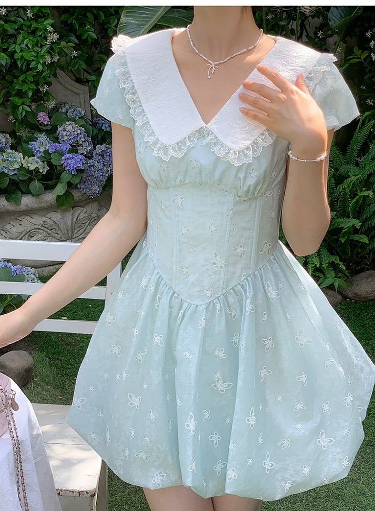 Bubble Blue Peter Pan Kragen Basken-Taille Allover Schmetterling Stickerei Rock Kleid