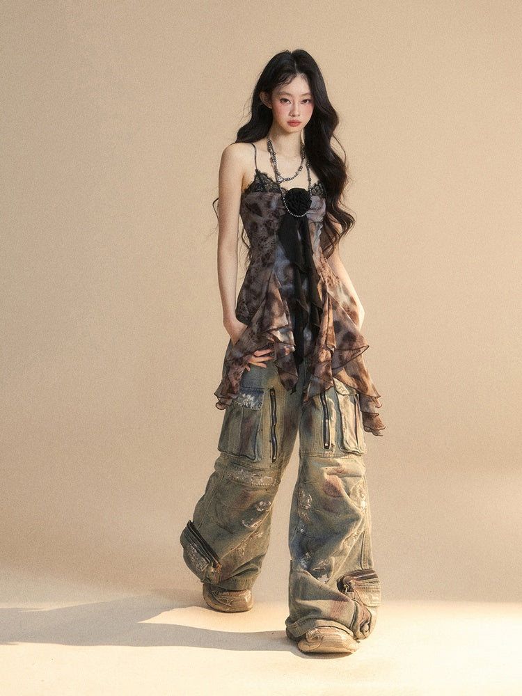 Blue Distressed Wide-Leg Jeans with Cargo Pockets and Zippers - Shao Ye Yan