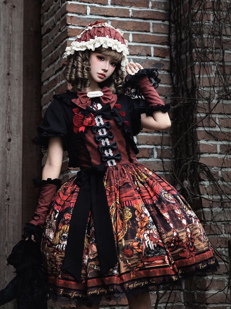 Red Shoes Story Black Red Faux Two-Piece Lolita OP Gown with Bows - Forest Fairy Tales