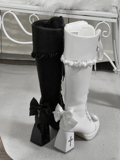 Gothic Long Boots with 8CM Cross Cutout Heel and Bow Accents - Night Sakura Water Lantern
