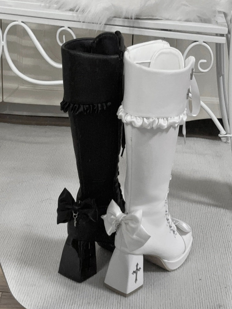 Gothic Lolita Tall Boots with Bow Accents & 8CM Cross Cutout Heel Design - Night Sakura Water Lantern
