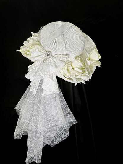 with Design Floral Bowknot Hat Veil White