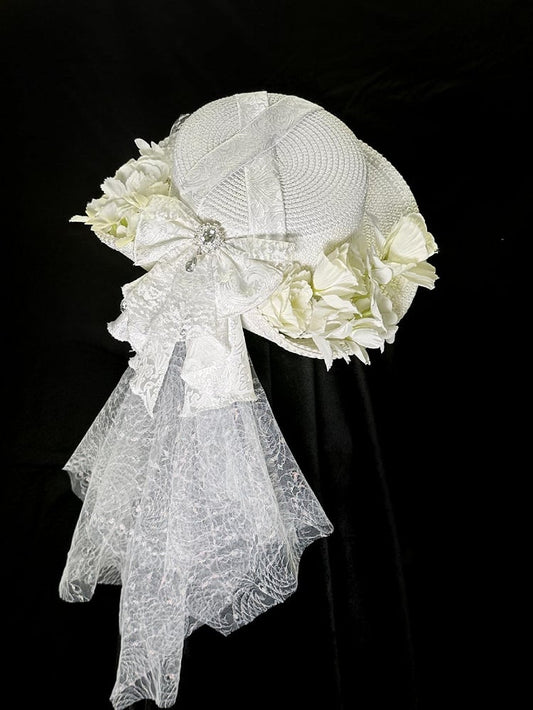 with Design Floral Bowknot Hat Veil White