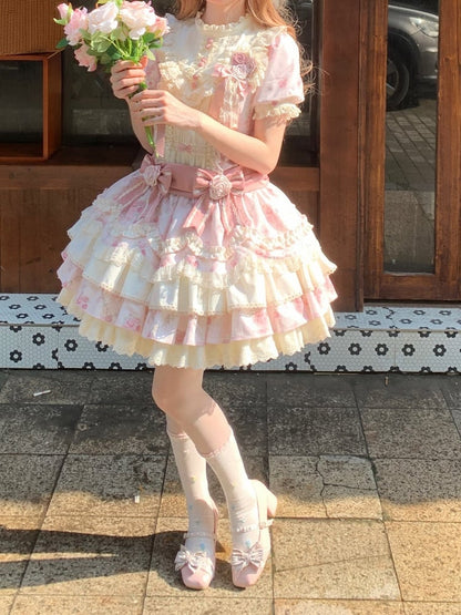 Pink Floral OP Dress with Bow and Lace Accents - Sweet Dream Box
