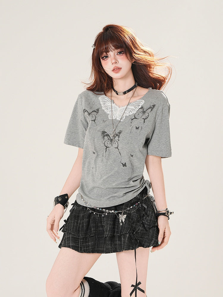 Print with Butterfly Grey T-Shirt