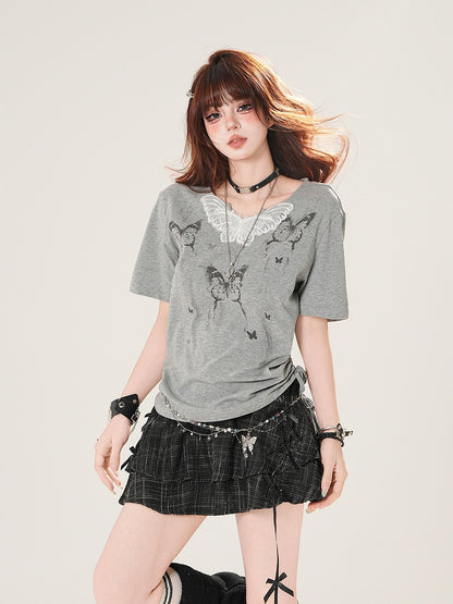 Print with Butterfly Grey T-Shirt