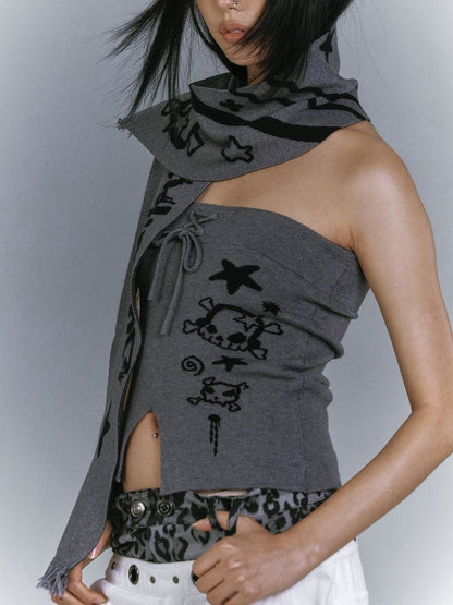 Skull + Punk Star Scarf Edgy Front Matching with Gray Slit Strapless Print Top
