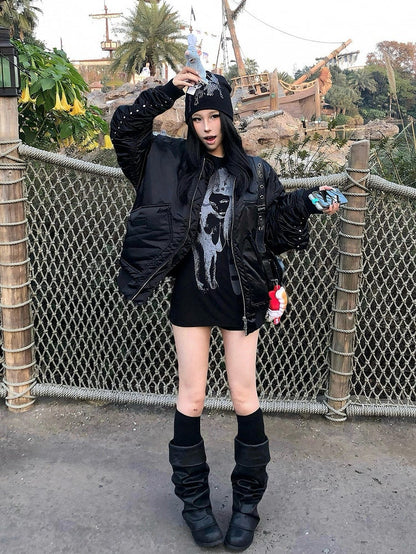 Gather with Detail Zipper Studs Jacket Black Sleeves