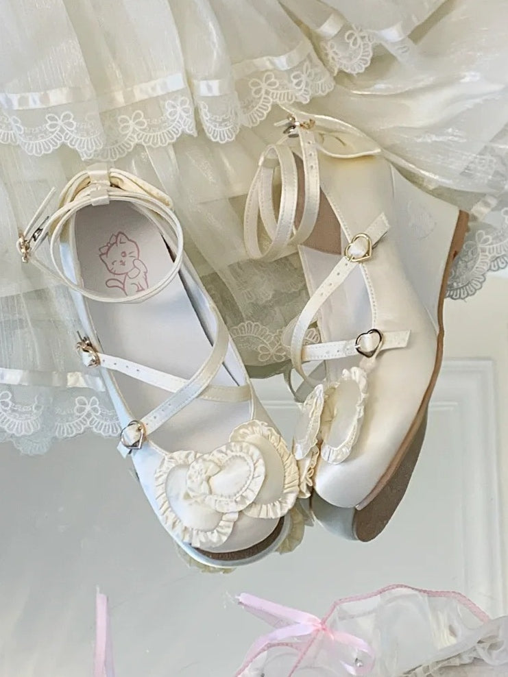 Wedge Toe Trim Sweet Heart Top Shoes Lolita Ruffle Beige - Round Sole Bow with