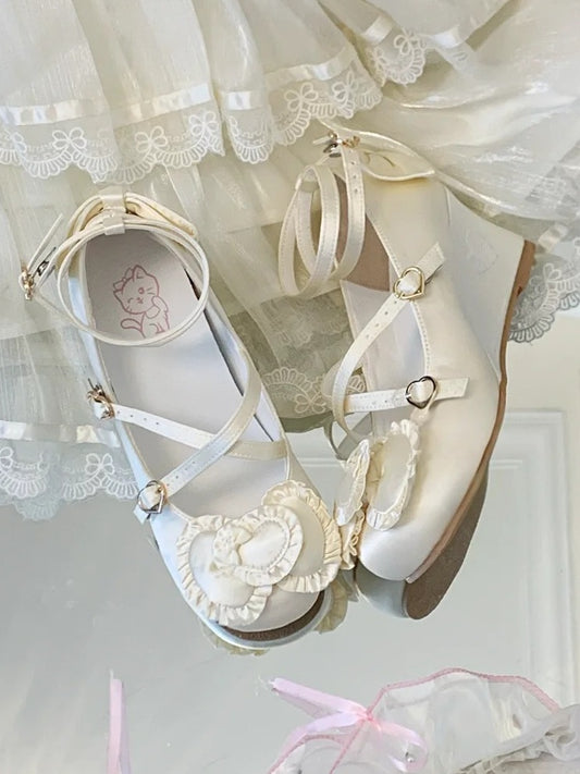 Wedge Toe Trim Sweet Heart Top Shoes Lolita Ruffle Beige - Round Sole Bow with