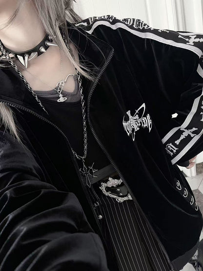 Tape Sleeve Tracksuit Gothic Cross Velvet Print TextBack Jacketwith Black