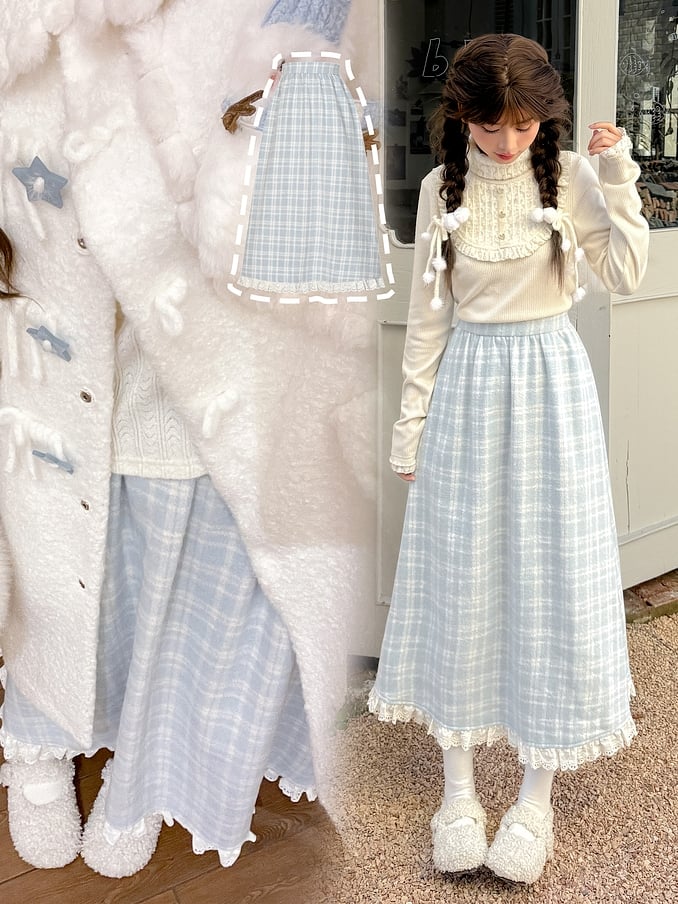 ブルーのチェック柄ハイウエストレーストリムミディスカート