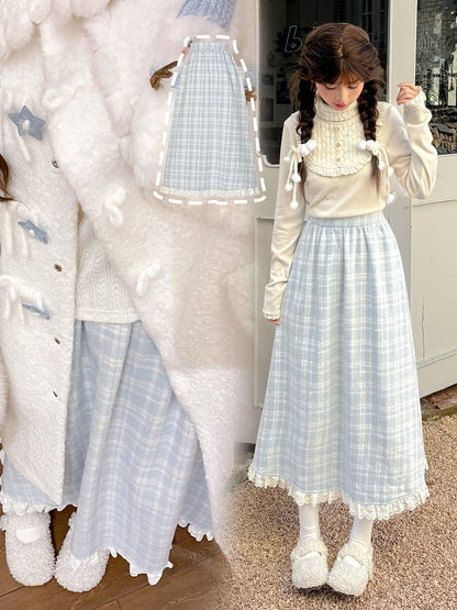 ブルーのチェック柄ハイウエストレーストリムミディスカート