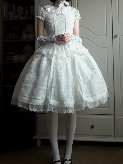 Elegant Ivory Floral Lace Applique Short OP Dress with Sash - Sleepless Unanswered