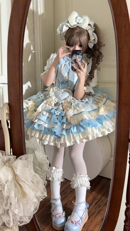Kleid Taille Tiered Rüschen Lolita Blau Dekoration Bowknot Hohe Süße Rock
