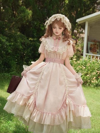 with Belt Pink Waist Versatile and Drawstring Lolita Bows Design Fashion Dress
