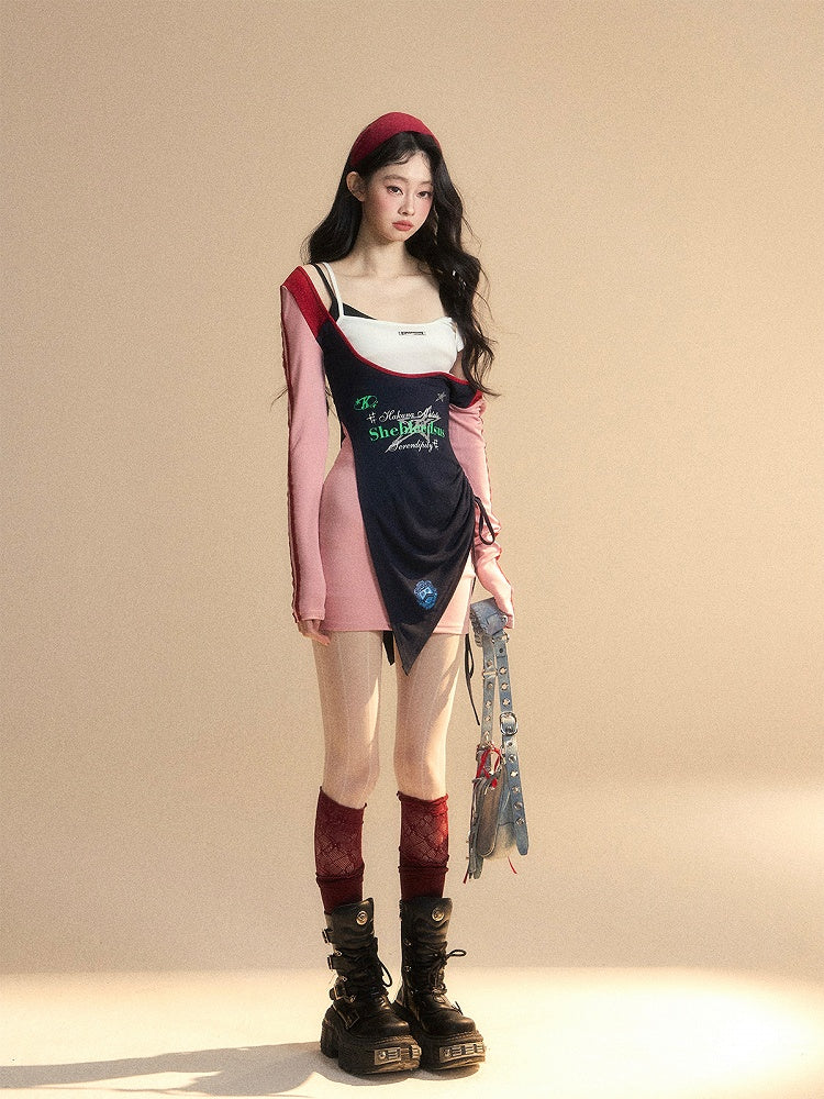 Taille Patchwork Design Glamouröse Rosa Kleid Hohe Mini