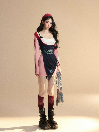 Taille Patchwork Design Glamouröse Rosa Kleid Hohe Mini