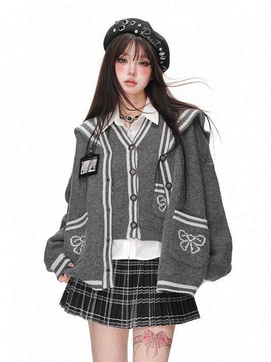 Gray Sailor Collar Cardigan with Button Placket - Kelly Kitty