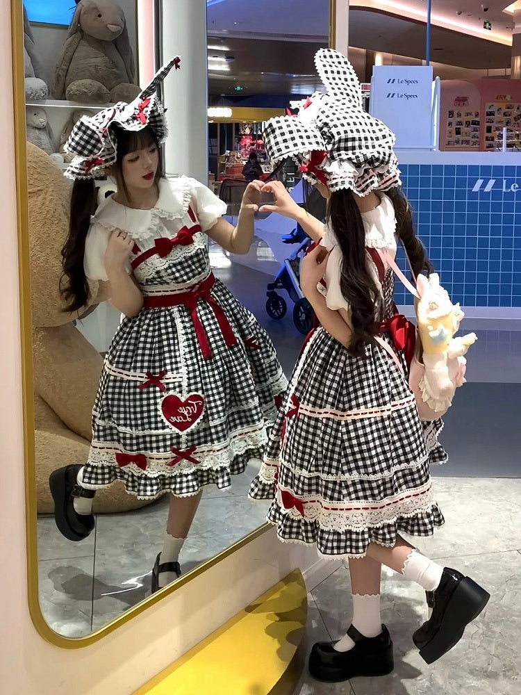 Altes Lolita-Kleid aus Baumwolle, weiß, schwarz, karierter Rock, Pullover und Schule