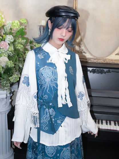 Blue Asymmetric Vest with Jellyfish Print & Embroidered Details - Quirky Hut