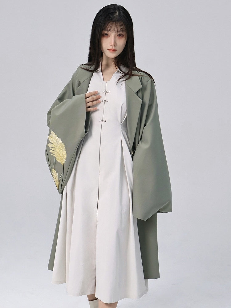 Han-inspired with Green Unisex Coat Pleating Details