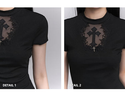 Black Coffin-shaped Cutout Cross Applique T-Shirt