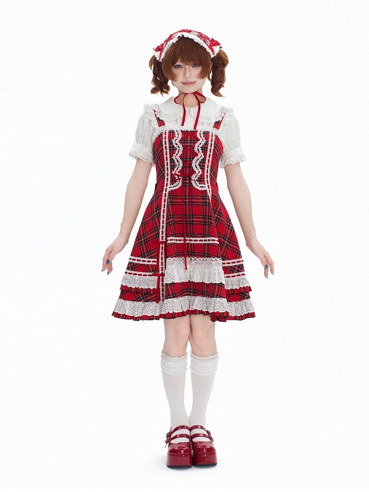 Red-White Plaid Cotton JSK Dress with Ribbon Accent