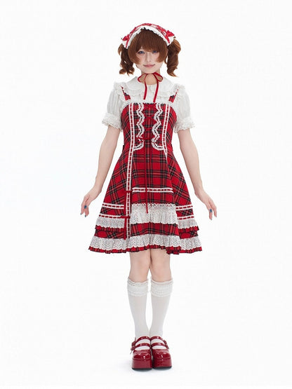 Red-White Plaid Cotton JSK Dress with Ribbon Accent