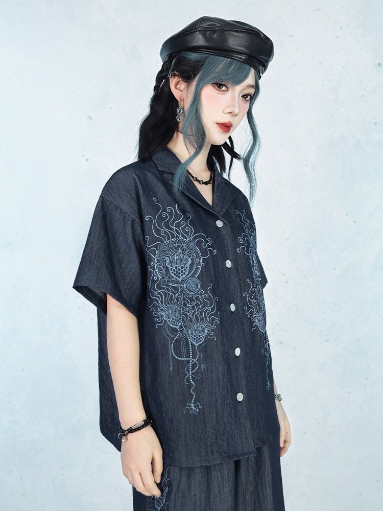 Dark Blue Short Sleeve Shirt with Sea Lily Print - Quirky Hut