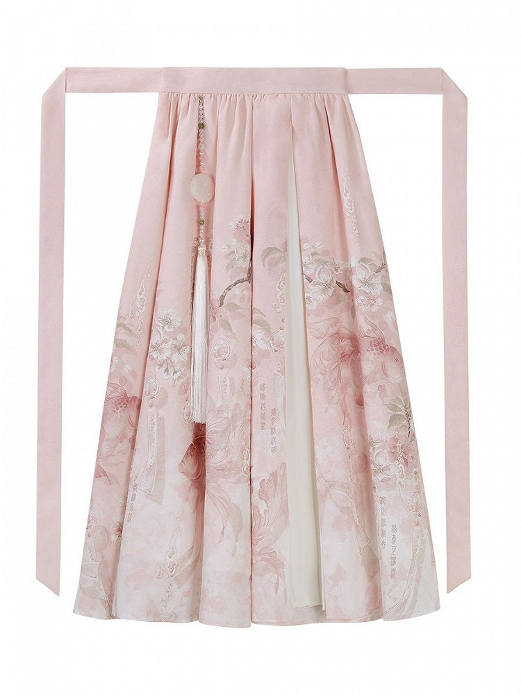 Pink Pleated Skirt with Chinese-Style Floral Print and Beaded Pendant - Han Ru Chu Hanfu &amp; Han-Element Studi