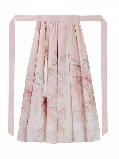Pink Pleated Skirt with Chinese-Style Floral Print and Beaded Pendant - Han Ru Chu Hanfu &amp; Han-Element Studi