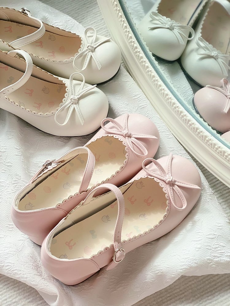 Bow Shoes Sweet Pink 5cm with Scalloped Trim Decor Mid-heel Lolita