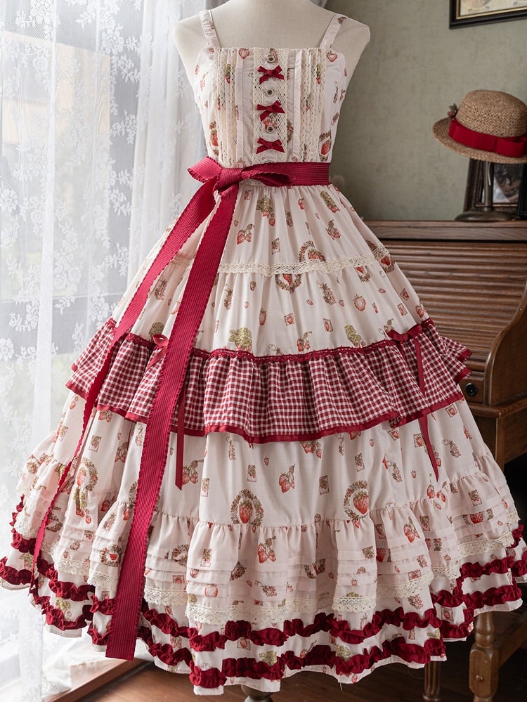 with Sweet Print Red Gingham and Dress Strawberry Ruffle Layers Lolita