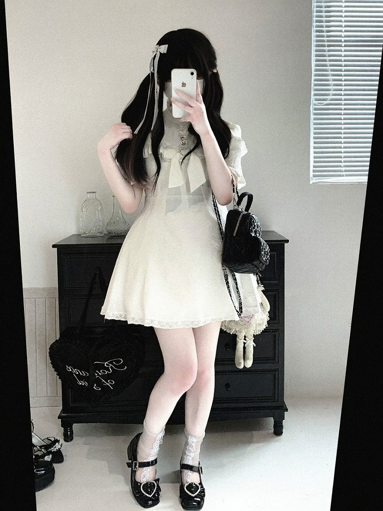 Cutout Shoulder Jacquard Dress with Ruffles, Bow Details, 4 Shades - Kitty Bxllet
