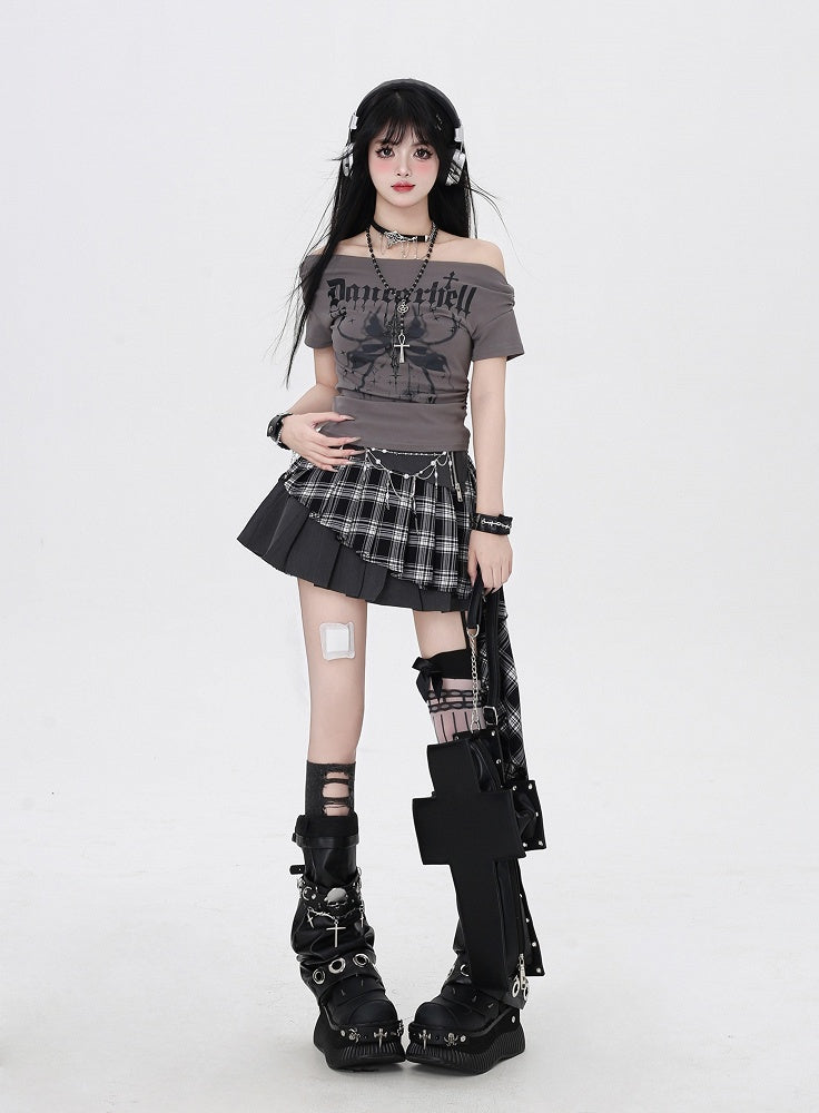 裾グレーチェック柄アシンメトリープリーツスカート