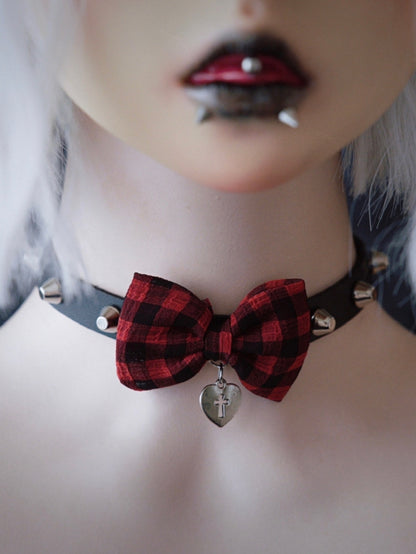 With Red Plaid Black And Pattern Pendant Heart Bowknot Choker