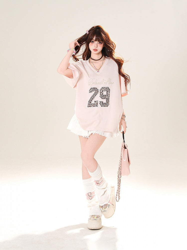 Pink Beaded Letter Leopard Pattern Number V-Neck T-Shirt