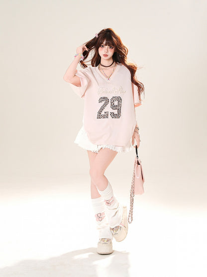 Pink Beaded Letter Leopard Pattern Number V-Neck T-Shirt