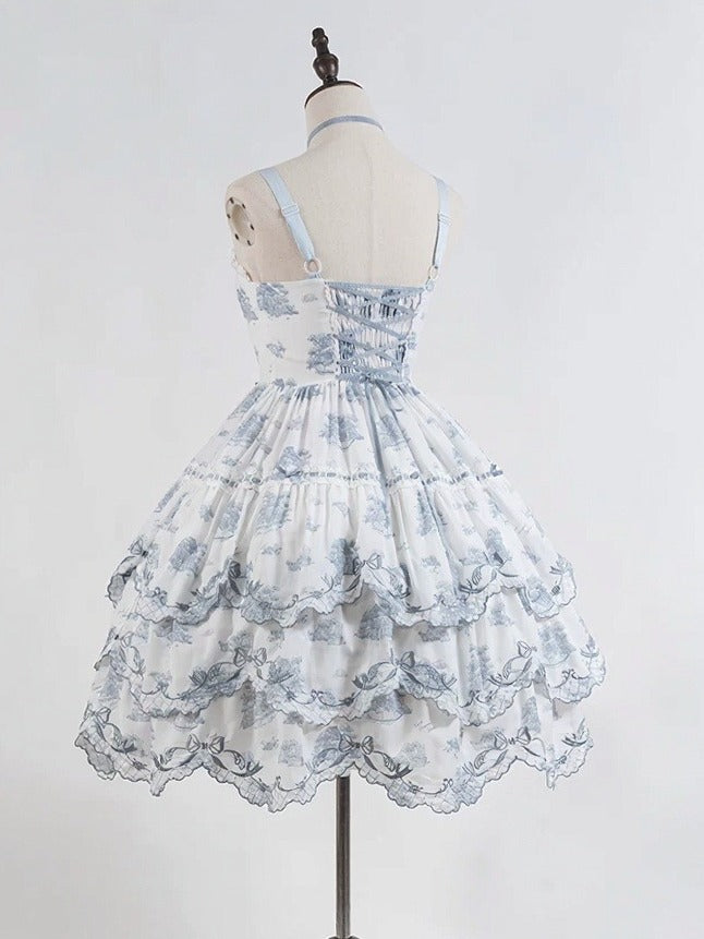 White & Blue Floral Embroidered Lolita Jumper Skirt with Detachable Belt - CEL