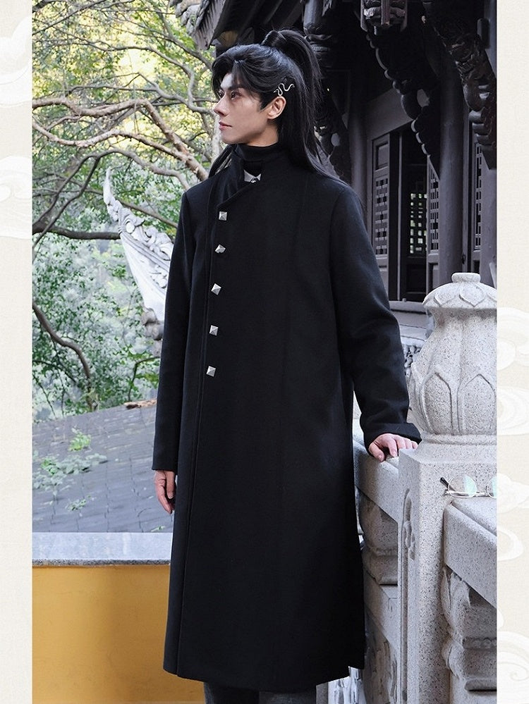 Side Button Style Slits Scarf with Front Set Placket Chinese Unisex - Coat Black