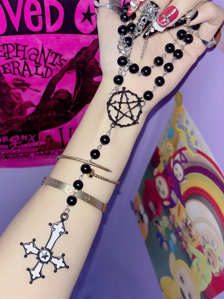 And Cross Beaded Pendant Necklace Black Pentagram