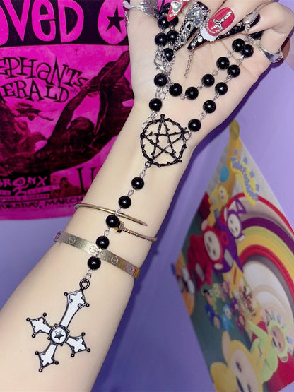 And Cross Beaded Pendant Necklace Black Pentagram