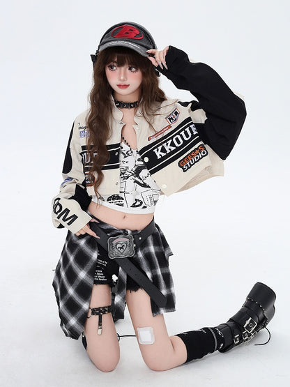 Fleece and Apricot Jacket Black Letters Embroidery Baseball with Colorblock Detachable