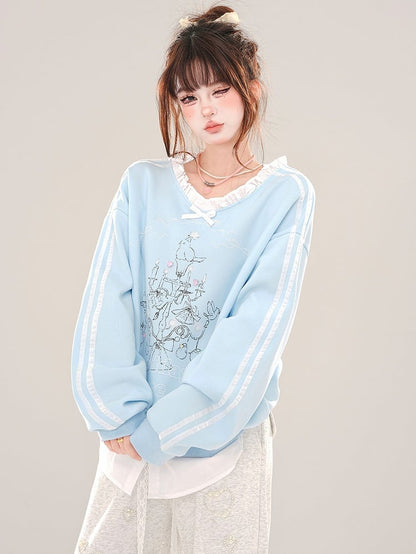 Grey/Blue Lampstand Print Ruffle Trim V-neck Sweatshirt