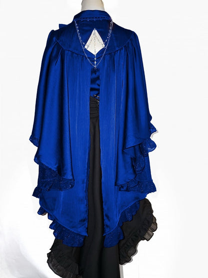 Gothic Foldover Cascading Cape Shirt Blue Ruffle Pointed Lolita Collar Ouji Design