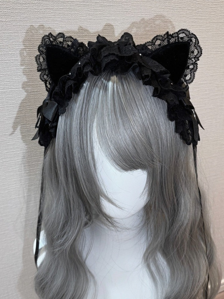 Lace Lolita Hairband with Cat Ear Design in White and Black - Magic Diary