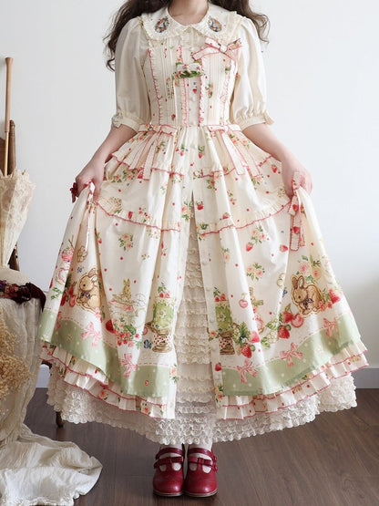 Bunny Lolita Grünes Kleid Print Saum Fashion House Pink Floral und