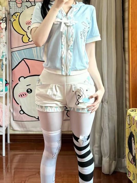 ブルーベアTシャツ ダイヤモンド柄 耳あて かいわい 猫 天使 ライトプリント パーカー